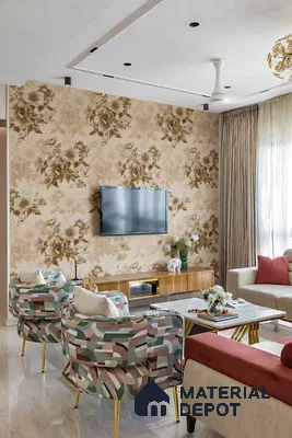 Eclectic living room with beige floral wallpaper, wooden TV unit, and patterned accent chairs of 3 BHK apartment in Dsr lotus towers whitefield Bengaluru