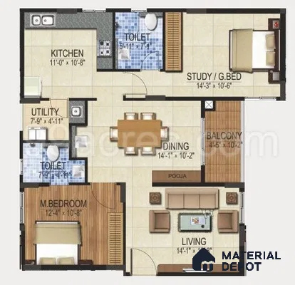 Modern 2BHK apartment floor plan with beige floor tiles, wooden flooring in bedrooms, and tiled bathrooms of 3 BHK apartment in Dsr lotus towers whitefield Bengaluru