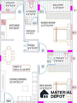 Modern apartment floor plan with tiled kitchen, utility, and bathrooms, and wood-look flooring in bedrooms and living area