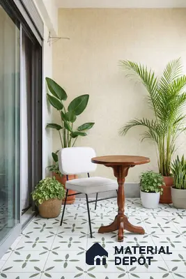 Scandinavian balcony with green patterned floor tiles and beige mosaic wall tiles