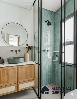 Scandinavian bathroom with mint green subway wall tiles and natural wood vanity