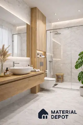 Scandinavian bathroom with white marble tiles and light oak wood laminate vanity