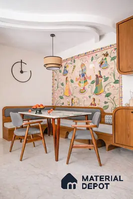 Mid-century modern dining room with pichwai wallpaper, walnut wood laminate, and marble floor tile