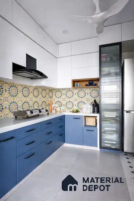 Modern dual tone kitchen with blue laminate, white laminate, moroccan patterned backsplash tile, and white quartz countertop