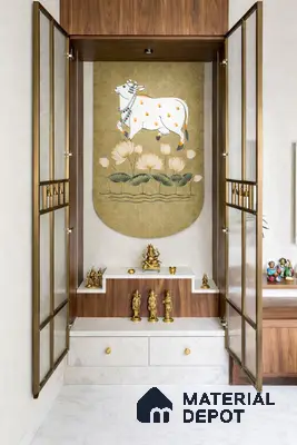 Modern pooja room with white marble laminate, walnut wood laminate, and decorative cow motif wallpaper