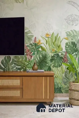 Eclectic living room with tropical wallpaper and cane-front wooden TV unit