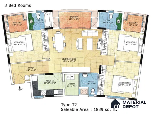 Modern 3BHK apartment floor plan with tiled flooring and open living-dining layout