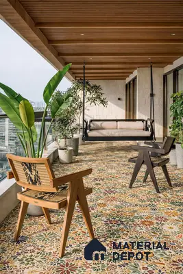 Eclectic balcony with floral patterned floor tiles and wooden louver ceiling