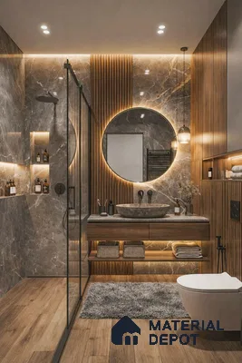 Modern bathroom with grey marble wall tiles, walnut wood fluted panels, and wood-look floor tiles