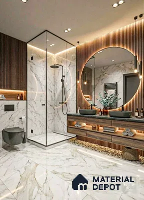 Modern bathroom with white marble look tiles, walnut wood fluted wall panels, and floating vanity