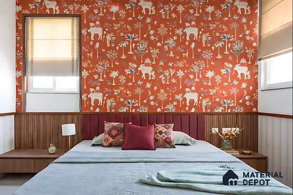 Eclectic bedroom with Indian patterned wallpaper, fluted wood paneling, and upholstered headboard