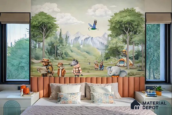 Eclectic kids room with animal-themed mural wallpaper and pastel upholstered headboard