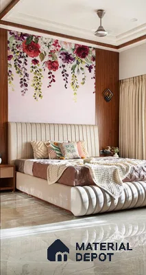 Modern bedroom with floral wallpaper, wood laminate wall panels, and glossy beige marble floor tiles