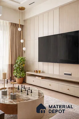 Modern living room with beige fluted laminate TV unit and marble top coffee table