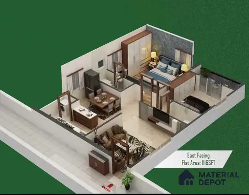 Modern living room with beige floor tiles, wooden laminate furniture, and open plan layout