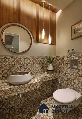 Modern bathroom with floral patterned tiles and wood panel accent wall