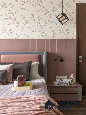 Modern bedroom with blush pink laminate paneling and floral wallpaper accent wall