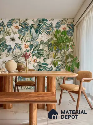 Eclectic dining room with floral tropical wallpaper, natural wood dining table, and marble floor tile