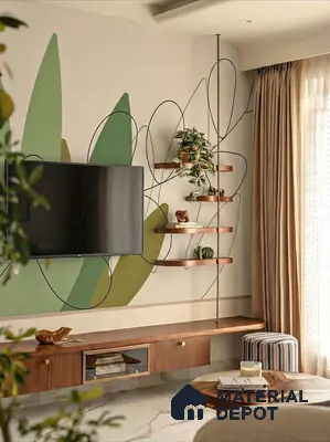 Modern living room with walnut wood TV unit, abstract green wall mural, and marble floor tile