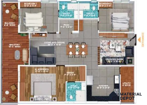 Modern apartment floor plan with wood flooring, patterned tiles, and open living-dining layout