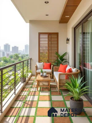 Modern balcony with terracotta and beige grid floor tiles and wooden louver panel