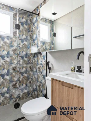 Modern bathroom with abstract floral wall tiles and light wood vanity