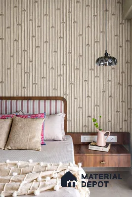 Scandinavian bedroom with beige geometric wallpaper and walnut wood bedside unit
