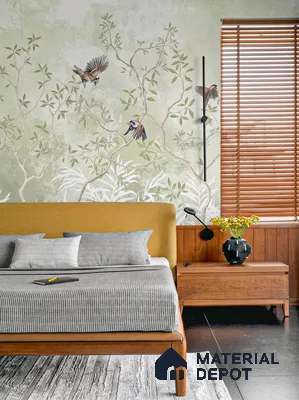 Japandi bedroom with chinoiserie wallpaper, natural wood furniture, and mustard upholstered bed