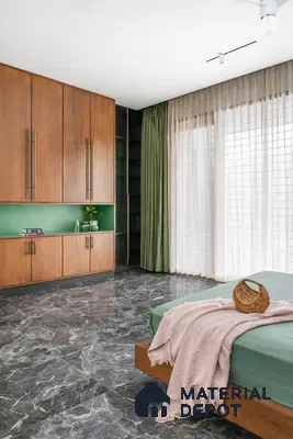 Modern bedroom with walnut wood laminate wardrobe and black marble floor tile