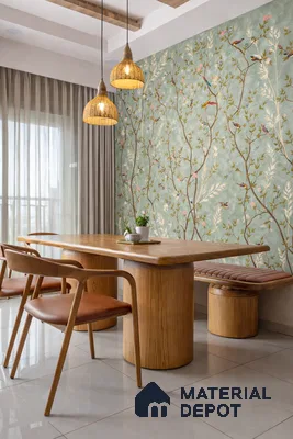 Scandinavian dining room with chinoiserie wallpaper, natural wood dining set, and glossy beige floor tiles