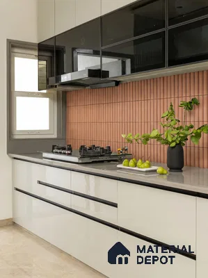 Modern kitchen with terracotta kitkat backsplash tile and glossy white laminate cabinets