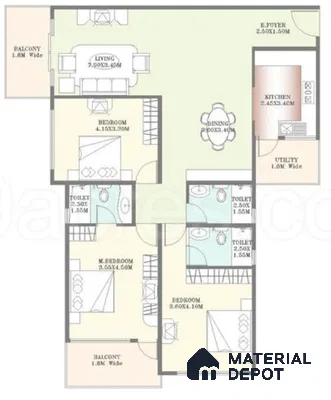 Modern 3BHK apartment floor plan with open living, dining, kitchen, and balcony spaces