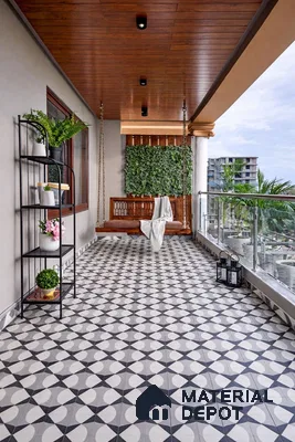 Modern balcony with geometric patterned floor tiles and wooden ceiling panels