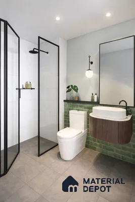 Modern bathroom with sage green subway wall tiles, white wall tiles, and grey matte floor tiles