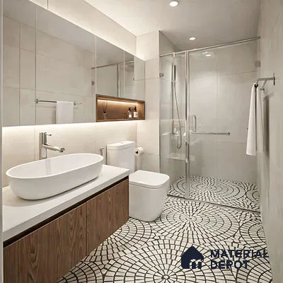 Modern bathroom with geometric patterned floor tiles, white wall tiles, and walnut wood vanity