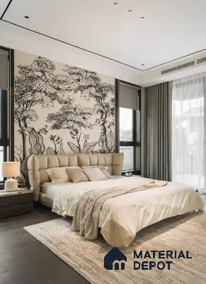 Japandi bedroom with chinoiserie wallpaper, suede upholstered bed, and dark wood flooring