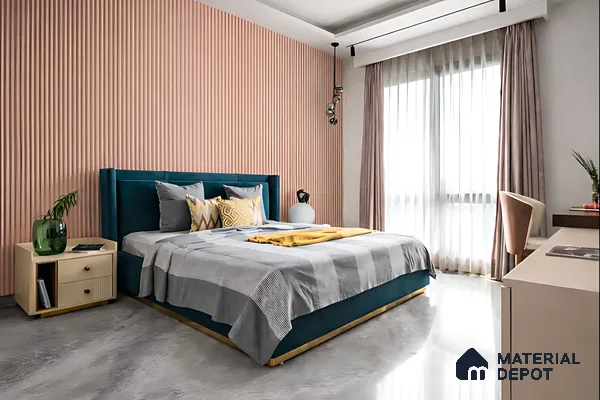 Modern bedroom with blush pink fluted wall panels and teal upholstered bed