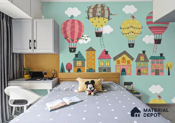 Modern kids room with pastel cartoon wallpaper and grey star print bedding