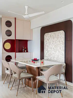 Art Deco dining room with beige high gloss laminate, marble dining table, and floral wallpaper accent