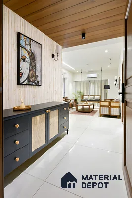 Modern foyer with wood ceiling, cane-front console, and glossy white floor tiles