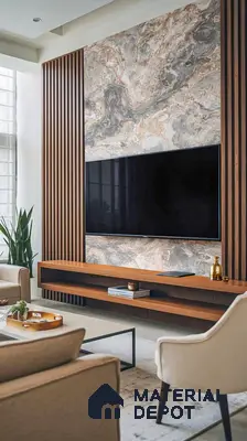 Modern living room with marble-look laminate TV wall and walnut wood louvers