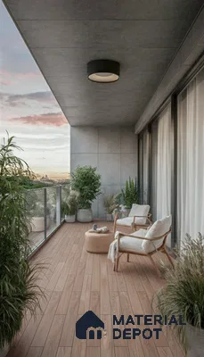Scandinavian balcony with wood-look floor tiles and concrete wall panels in Fortuna Central Park Virupakshapura 3 BHK apartment Bengaluru