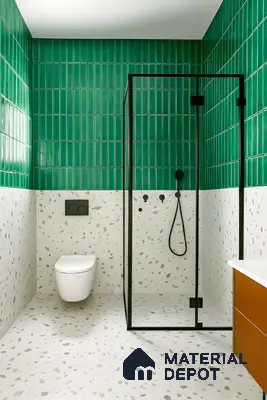 Modern bathroom with green kitkat wall tiles and terrazzo floor and wall tiles in Fortuna Central Park Virupakshapura 3 BHK apartment Bengaluru