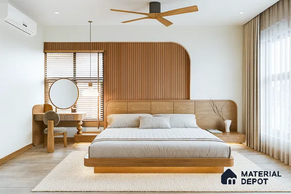 Japandi bedroom with natural oak wood laminate, fluted wall panels, and beige fabric upholstery in Fortuna Central Park Virupakshapura 3 BHK apartment Bengaluru