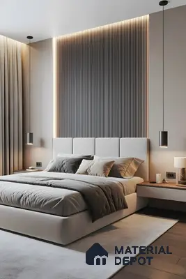 Minimalist bedroom with grey fluted wall panels, upholstered bed, and wooden flooring in Fortuna Central Park Virupakshapura 3 BHK apartment Bengaluru