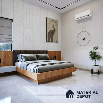 Modern bedroom with geometric wall panels, walnut wood bed frame, and grey marble floor tiles in Fortuna Central Park Virupakshapura 3 BHK apartment Bengaluru