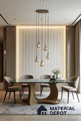 Modern dining room with fluted marble wall panels and glass-top wooden dining table in Fortuna Central Park Virupakshapura 3 BHK apartment Bengaluru