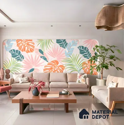 Eclectic living room with tropical patterned wallpaper and beige sofa set in Fortuna Central Park Virupakshapura 3 BHK apartment Bengaluru