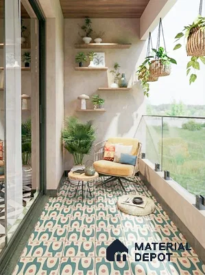 Scandinavian balcony with geometric patterned floor tiles and wooden ceiling
