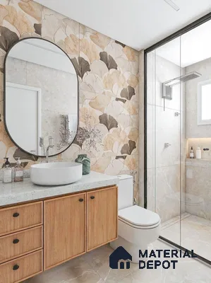 Modern bathroom with floral highlighter wall tiles, beige marble floor tiles, and light wood vanity